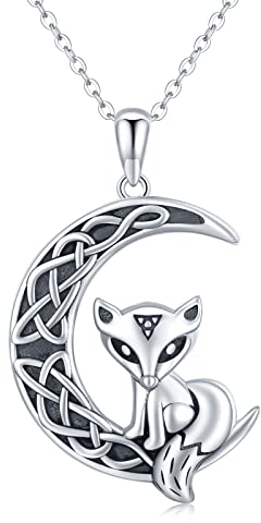 ABIGY Keltische Mond Halskette für Damen 925 Sterling Silber Mond Fuchs Anhänger Halbmond Fuchs Halskette Mond Schmuck Geschenk für Mutter Tochter Geburtstag