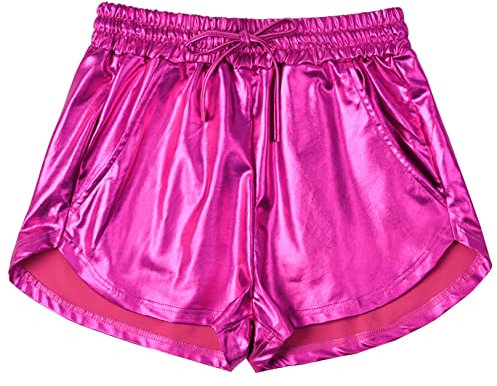 Damen Metallic Shorts Yoga Glänzend Glitzernd Hot Kordelzug Outfit Kurze Hose, Rose, Groß