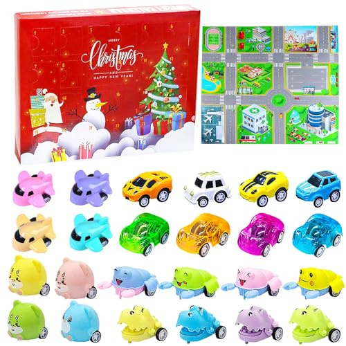 Adventskalender 2025,25 Stück Weihnachts Adventskalender Spielzeug Auto Tiere, 2025 Weihnachtskalender,Weihnachts Advents Spielzeug mit 1 Verkehrsszenenkarte