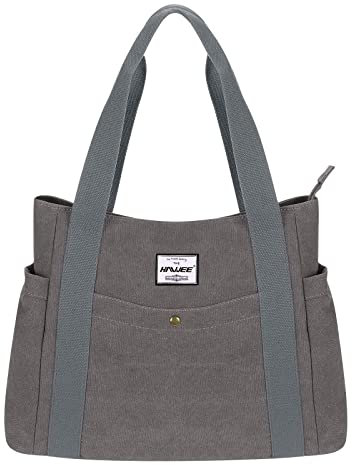 HAWEE Mujer Bolso de Hombro de Lona Retro Bolso Tote con Cremallera Grande Bolso Bandolera Ligero Bolso Shopper Casual Bolso de Mano para Viaje Trabajo Escuela Compras Vida Diaria, Gris