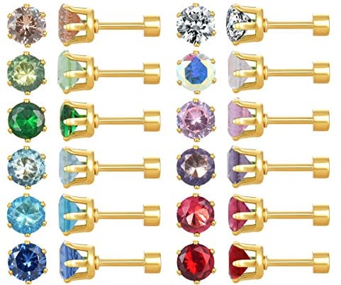 12 Pairs Surgical Stainless Steel Flat Screw Back Cubic Zirconia Brithstone Stud Earrings Set (Gold 3mm)