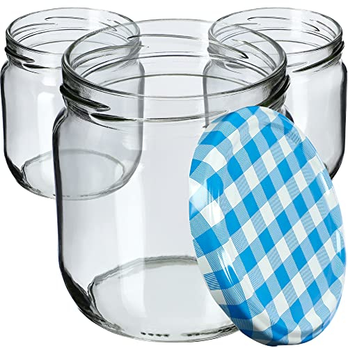 KADAX 6st Einmachgläser 425ml mit Schraubdeckel fi82 mm für Einlegen, Einmachen, Konservieren und Mahlzeitenvorbereitung - Luftdichte Twist-off Gläser (Blau kariert/6 St.)