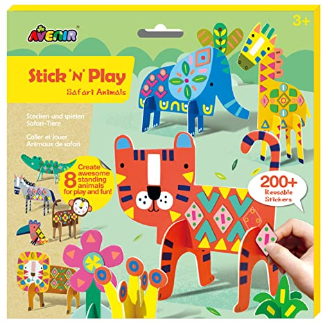 ボーネルンド Avenir Stick N Play Safari-Tiere, Stickerbuch für Kinder, Karten in Tierform und wiederverwendbare Aufkleber, 3D-Aktivitätsset für Jungen und Mädchen ab 3 Jahren