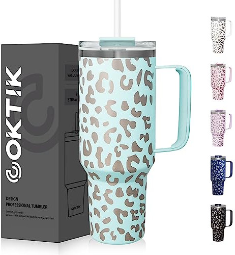 COKTIK 40 oz Tumbler With Handle and Straw Lid, 2-in-1 Lid (Straw/Flip), Vacuum Insulated Travel Mug stainless steel tumbler for Hot and Cold Beverages(Seafoam Leopard)