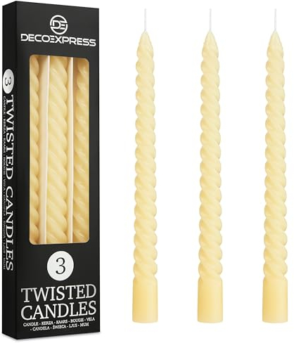 DECO EXPRESS Stabkerzen Set 3er oder 6er Tropffreie Stabkerzen Gedrehte Spiralkerzen Bunte Kerzen Brenndauer 6 Stunden Unparfümiert (Elfenbein, 3er-Pack)