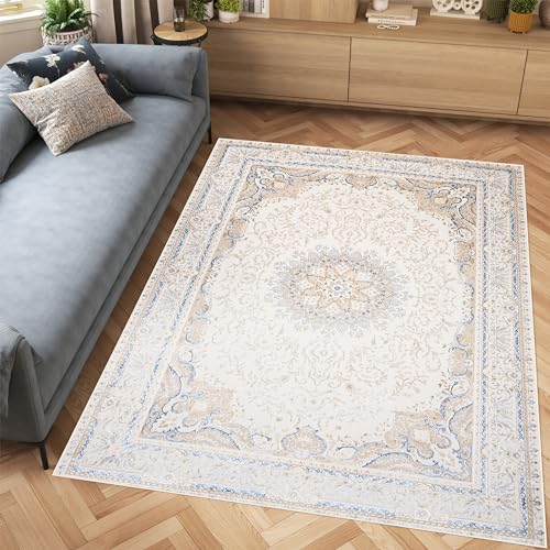 TAPISO Hera Teppich Kurzflor Glänzend Creme Beige Blau Traditionell Bordüre Ornament Floral Blumen 3D Effekt Wohnzimmer Schlafzimmer ÖKO-TEX 120 x 170 cm