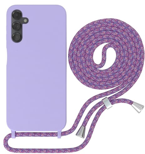 EAZY CASE - Handytasche zum Umhängen - kompatibel mit Samsung Galaxy A14 5G Handy Schutzhülle mit Band, Necklace Hülle, farbig TPU Case, Lavendel Lila mit Schnur Unicorn Clips Silber