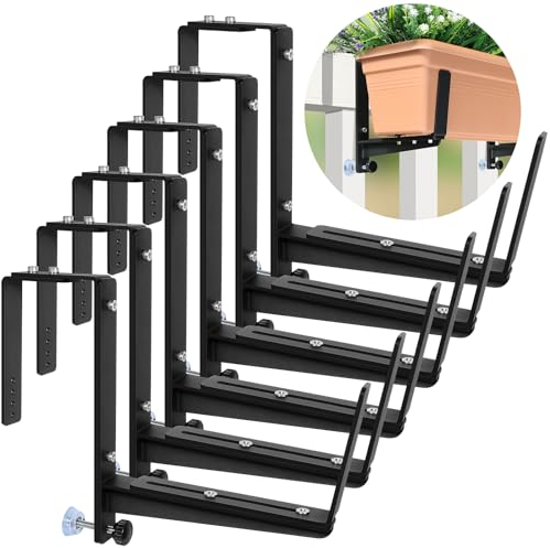VOXOR Window Box Brackets, Adjustable Planter Box Brackets, Heavy Duty Iron Flower Box Brackets for Railings, with Enhanced Bottom Support - Perfect for Balconies, Fences, and Gardens (6 Pack)