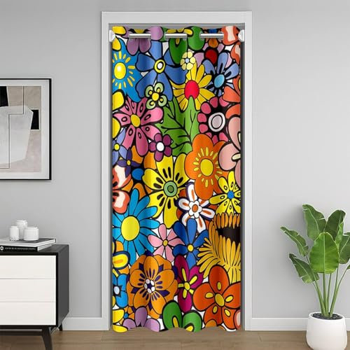 Retro 1970 1960 Floral Rideau de Porte 106x203cm Groovy Style 30%-50% Rideau Occultant Hippie Fleurs Imprimer Coloré Rideaux Interieur Salon Chambre Rideaux Exterieur d'entrée