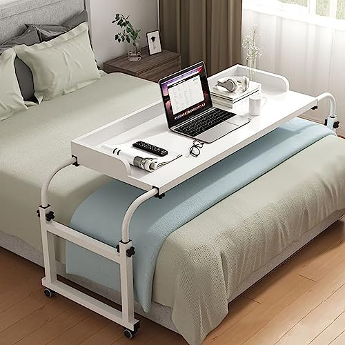 GXQFC Mesa de Bandeja Escritorio Portátil, Mesa de Cama con 4 Ruedas Altura Regulable 65-95CM con Estante Abierto Mesa Auxiliar Ajustable 115-210CM para Sofá/Cama(Color:Blanco)