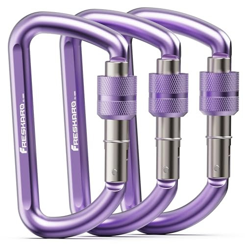 FresKaro Karabinerhaken, Karabina Schraubverschluss, Carabiner Schlüsselanhänger, Schraubkarabiner, Schloss, 12kN-1224kg, Aluminium, Ultraleicht, Belastbar, für Schlüssel, Hundeleine, Lila, 3 Stück
