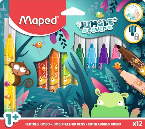 Maped - Kinderfilzstifte JUNGLE FEVER JUMBO - für die Kleinsten geeignet - ab dem 1.Lebensjahr - großer Durchmesser - sichere, blockierte Spitze - abwaschbar