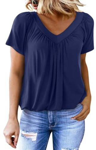 Dokotoo Ladies Tops Summer Short Sleeve V Neck Women's T-Shirts Loose Fit Women Tee Shirts Casual Solid Color Oversized Womens Blouses Top Blue XL