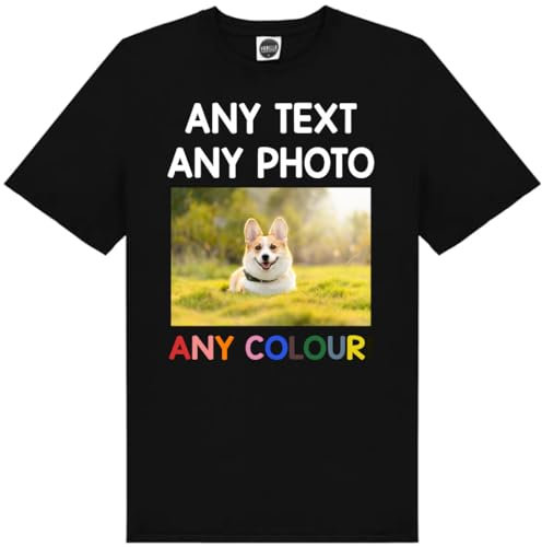 Personalised Kids Photo Tshirt - Create Your Own Custom T Shirt Logo Design Top Tee for Girls and Boys in Black Age 12-13