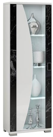 AltoBuy Ariane - Vitrine 1 Porte Blanc Eclairage LED intégré avec Décor Latéral Aspect Marbre Noir