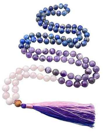 INFINITY GEMS Natural AAA Amethyst, Rose Quartz & Lapis Mala Beads Necklace 108 Mala Prayer 6mm Knotted Energy Necklace Healing Meditation Tassel Japa Mala