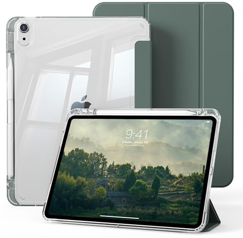 KVTVOU Étui pour iPad Air 11 Pouces M4/M3/M2 2026/2025/2024, iPad Air 10,9 5ème/4ème génération 2022/2020, Arrière Transparent en PC, Étui de Protection Antichoc, Veille/Réveil Auto, Vert Foncé