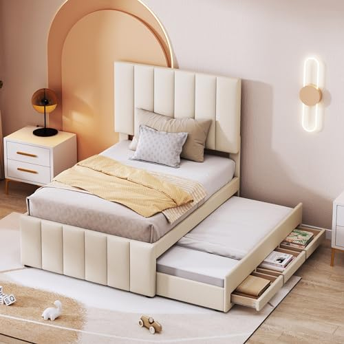 Kinderbett Polsterbett 90x200cm,Einzelbett mit Ausziehbarem Bett & 3 Stauraum Schubladen für 2 Kinder, Jugendbett Gästebett Schlafsofa mit Lattenrost,Verstellbares Kopfteil,Leinen,Beige,Ohne Matratze
