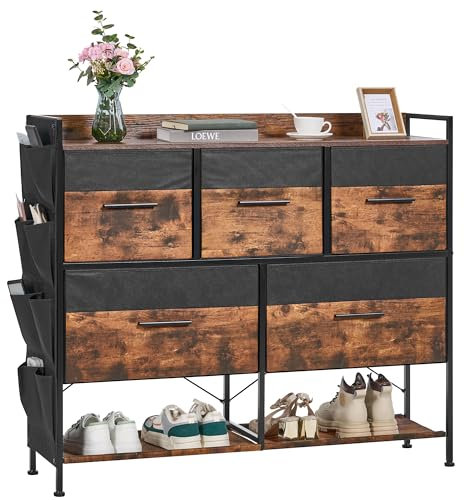 Hzuaneri Kommode, Schrank, 5 Schubladen mit extra Kapazität, Aufbewahrungsschrank mit Schuhregal, Kleiderschrank, für Wohnzimmer, Schlafzimmer, Flur, 110 X 30 X 95 cm, Rustikales Braun DU09501B