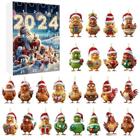 Huhn Huhn Adventskalender 2024, 24 Tage Weihnachten Hängende Huhn Anhänger mit Nikolausmützen, 2D Acryl Huhn Hängende Ornamente Countdown Kalender Weihnachtsgeschenke