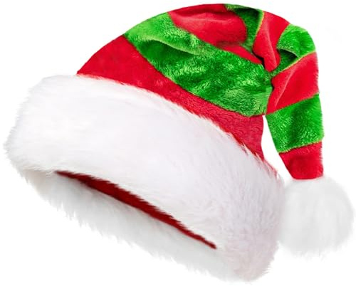 Bipl Weihnachtsmütze, Plüsch Erwachsene Nikolausmütze, Rote und Grüne Streifen Verbinden Weihnachtsmütze, Weiß Dicker Fellrand Hut, Frauen Männer für Weihnachten Party Dekoration