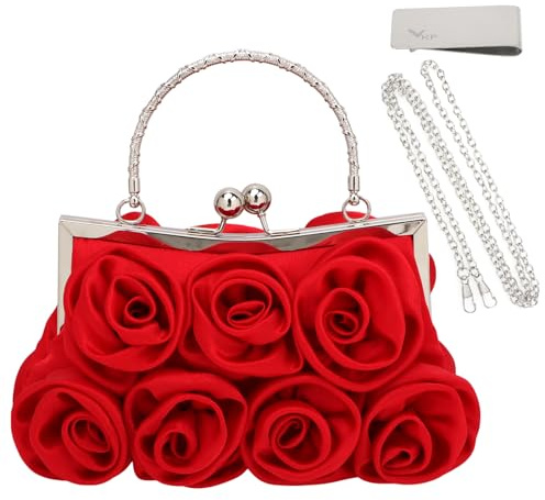 kilofly Missy K 7 Roses pochette in raso, con tracolla staccabile e fermasoldi, Rosso, 8.6 Inch