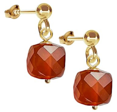 I.L.U.S I.L.U.S Karneol Edelstein Ohrringe Orangerot– 18K Vergoldete Rote Kristall Ohrhänger – Roter Edelstein Schmuck für Frauen Geschenk – Vergoldeter Ohrschmuck mit Anhänger Naturstein Kugel