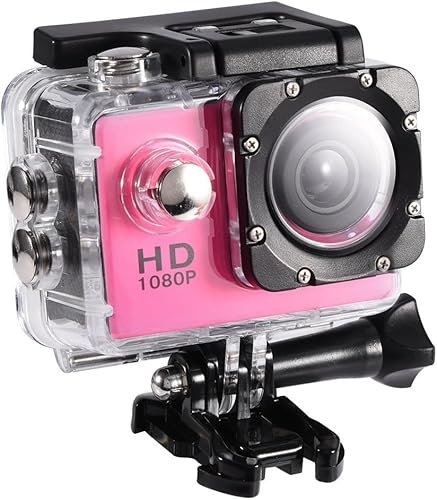 RigWig Action Camera, 2.0 Inch Full HD 1080P Sports Camera, 30M Waterproof Underwater Camera, 16MP Anti-Shake Bike Camera, Mounting Accessories Kit for Diving/Bike/Climbing/Swimming (Pink)
