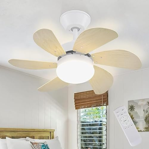 Mursche Deckenventilator mit Beleuchtung und Fernbedienung Leise - Deckenlampe Ventilator Deckenleuchte E27 Fassung 6 Flügeln Modern Holzoptik Timing Design 75cm Wohnzimmerlampe für Schlafzimmer