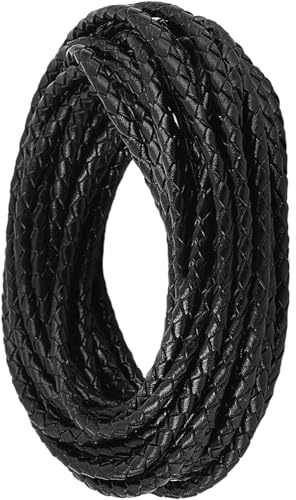CALFOVERA 4.57M x 3MM Cordon en Cuir Véritable tressé Rond pour la Fabrication de Bracelets Cordon de Cravate Bolo en Cuir pour la Fabrication de Bijoux Noir en Cuir Véritable Cordon Plié