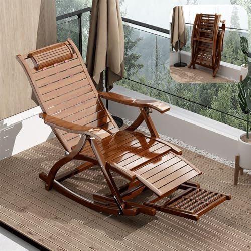 JiyYoar Foldable Bamboo Rocking Chair with Footrest & Foot Massager – Ergonomic Wooden Recliner, No Assembly, Outdoor Patio Lounge Chair, 150kg Capacity (dark brown)