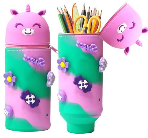 MEISHANG Federmäppchen Silikon-Einhorn,18 Modelle zur Auswahl,2 in 1 Weiche Silikontasche,Mäppchen Tier 18,5 cm Hoch, Reißverschluss und Ausdehnbar,Stifte Mäppchen für Mädchen Junge(Lila)