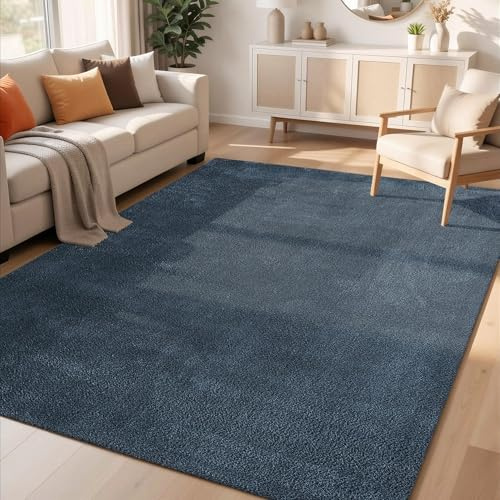 Comfy Washable Plain Non-Slip Living Room Area Rug, Navy, 160x220cm