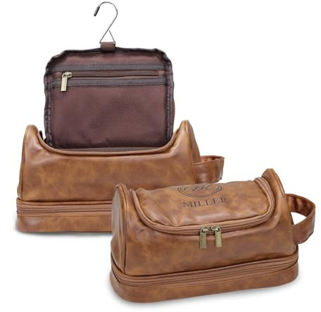 Trousse de Toilette Personnalisée, Trousse de Toilette de Voyage, Grande Trousse de Toilette Suspendue avec Poignées, Cuir Imperméable, Cadeau Fête des Pères