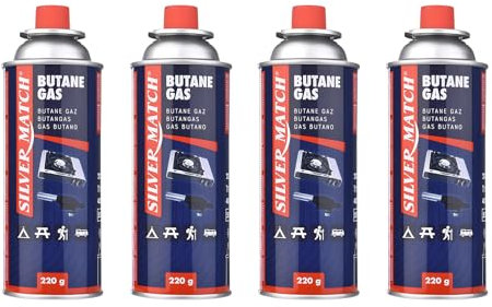 HIBRON 4 Silver Match Cartuchos de Gas Butano 220g para Hornillos y Quemadores, Compatible con CP250 y la Mayoría de Hornillos de Camping