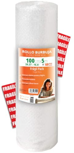 OFITURIA Luftpolsterfolie Verpackung 100cm x 5m – Fragil-Pack mit 12 FRAGILE Aufklebern – ideal für Umzug, Verpackung, Polsterfolie, bubble wrap