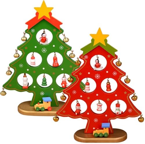 MOMAHUA 2 Stück Hölzerner Weihnachtsbaum Rot & Grün, DIY Mini Weihnachten Ornamente Tabletop Holz Weihnachtsbaum Schreibtisch mit Hängenden Glocken Tischdekoration für Weihnachtsdekoration Geschenk