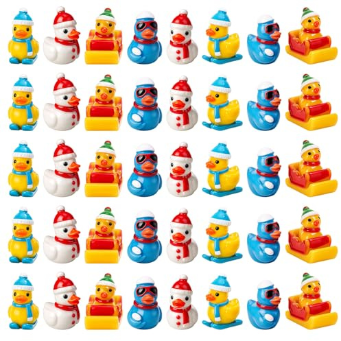 Xialvyu 40 Stück Winter Mini Enten,Kleine Enten mit Schal Mütze Schlitten Skateboard für Puppenhaus,Mikrogarten,Landschaftsdekoration,Basteln,Partygeschen