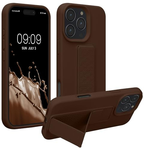 kwmobile Case for Apple iPhone 16 Pro Max Case - Soft TPU Cover with Silicone Coating - With Hand Strap and Stand Function - Shockproof - Chocolate