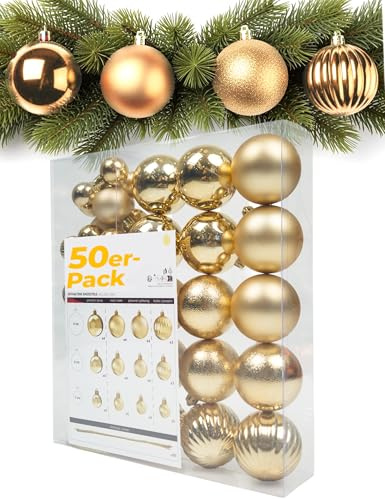Menz weihnachtskugeln 50er Gold – Premium-Kunststoff-Set in 3/4/6 cm als vielseitige christbaumkugeln in matt/glänzend/Glitzer/Kürbis