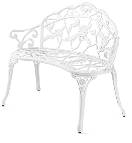 Bonnlo Cast Aluminium Garden Bench Outdoor Bench Furniture Patio Bench Seating Park Patio Seat Cast Iron Antique Finish Chair (White)