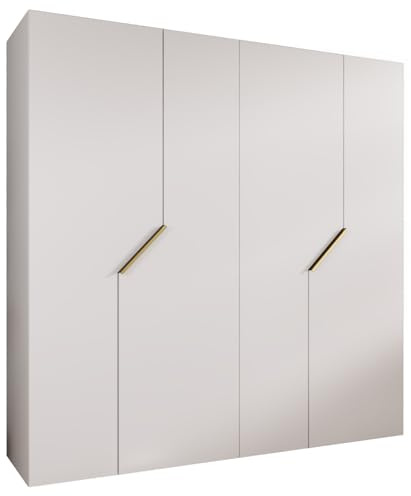 MEBLE KRYSPOL - Kleiderschrank - Garderobenschrank - 200 cm x 202 x 52 cm - Schrank mit Kleiderstange, 4 Türen - für Schlafzimmer, Flur - Andrew, Weiß, Griff Gold