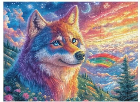 Sternenhafter bunter Wolf 500 Teile Puzzle Für Erwachsene Stabil Kosmos, Nebel und Leuchten Ohne Scharfe Kanten Ab 14 Für Puzzleabende Mit Geschenkidee Der Familie Karton 500 PCS
