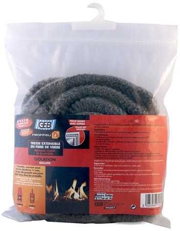 GEB Propfeu Tresse ronde extensible en fibre de verre pour étanchéité réfractaire des vitres d'insert de cheminée - Diamètre Ø 12 à 11mm - Sachet de 5m de long