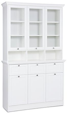 Landhaus Buffet Ina mit Glastüraufsatz (B/H/T: 120 x 200 x 40), weiß, Möbelgriffe antik