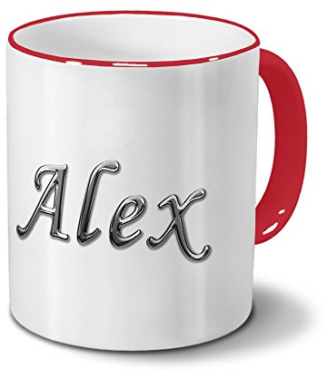 printplanet Tasse mit Namen Alex - Motiv Chrom-Schriftzug - Namenstasse, Kaffeebecher, Mug, Becher, Kaffeetasse - Farbe Rot