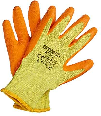 Amtech N2352 Rubber Palm Coated Builders Gloves Medium (Size 8), Certified Quality for Heavy Duty Tasks, Yellow/Orange