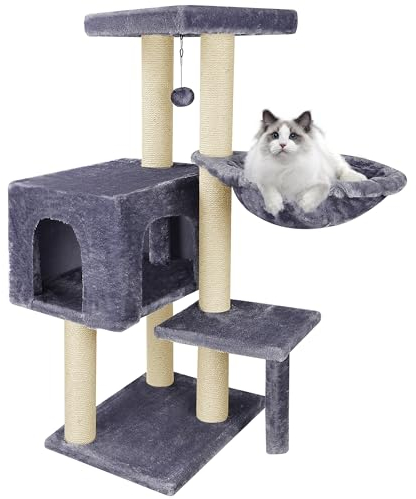 TWDEPART Cat Tree Tower with Cat Scratching Posts,Activity Centre Climbing Tree Furniture with Big Cat Condo and Hanging Balls,Grey