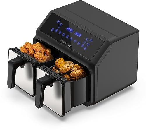 UNIVERSALBLUE Freidora de Aire Dos Cestas 4 + 4 L Sin Aceite | Air Fryer Dual 8 L Grande Para 6-8 Personas | 8 Programas Cocina | Control Táctil y Temporizador