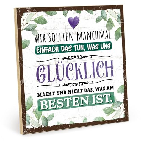 TypeStoff Holzschild mit Spruch – glücklich – im Vintage-Look mit Zitat als Geschenk und Dekoration zum Thema Hygge und Wohlbefinden - HS-00867